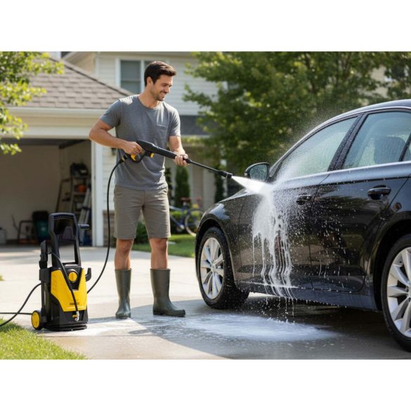 Elektromos magasnyomású mosó, Humberg HM-300, sárga/fekete, 1800 W, 135 bar, 230 V, átfolyás: 7 l/perc, 6 m tömlő, 450 ml habosító tartály, TurboStream turbófúvóka