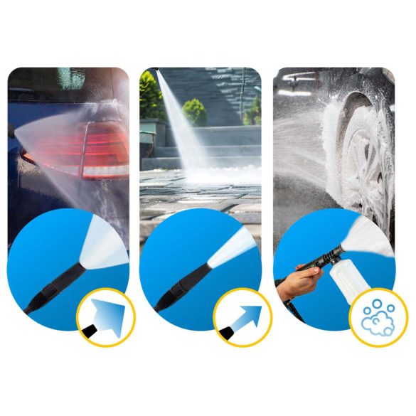 Elektromos magasnyomású mosó, Humberg HM-300, sárga/fekete, 1800 W, 135 bar, 230 V, átfolyás: 7 l/perc, 6 m tömlő, 450 ml habosító tartály, TurboStream turbófúvóka