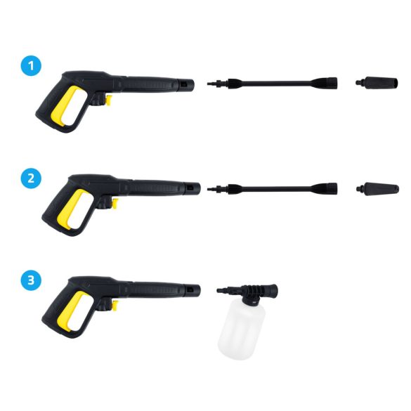 Elektromos magasnyomású mosó, Humberg HM-300, sárga/fekete, 1800 W, 135 bar, 230 V, átfolyás: 7 l/perc, 6 m tömlő, 450 ml habosító tartály, TurboStream turbófúvóka, tömlődob