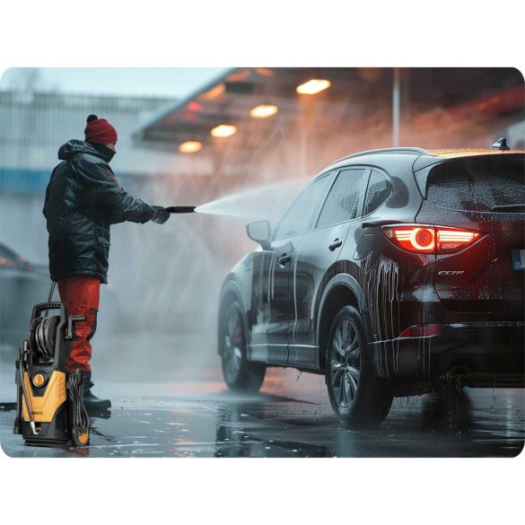 Elektromos magasnyomású mosó, Humberg HM-300, sárga/fekete, 1800 W, 135 bar, 230 V, átfolyás: 7 l/perc, 6 m tömlő, 450 ml habosító tartály, TurboStream turbófúvóka, tömlődob