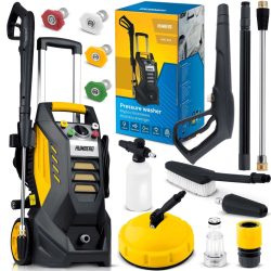   Elektromos magasnyomású mosó, Humberg HM-302, sárga/fekete, 2500 W, 195 bar, 230 V, átfolyás: 8 l/perc, 10 m tömlő, 500 ml habosító tartály, TurboStream turbófúvóka
