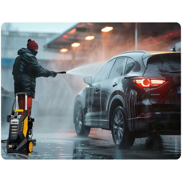 Elektromos magasnyomású mosó, Humberg HM-302, sárga/fekete, 2500 W, 195 bar, 230 V, átfolyás: 8 l/perc, 10 m tömlő, 500 ml habosító tartály, TurboStream turbófúvóka