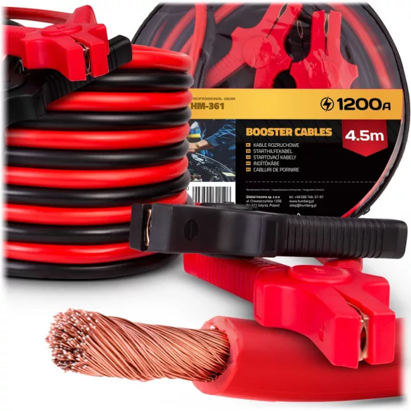 Indítókábel, Humberg HM-361, 450 cm, 1200 A indítóáram, 35 mm2 keresztmetszet, rézbevonatú vezeték, autóhoz, erőgépekhez