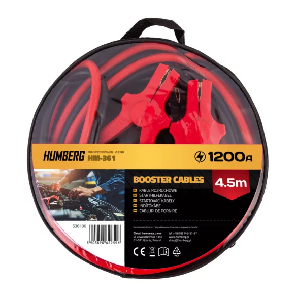 Indítókábel, Humberg HM-361, 450 cm, 1200 A indítóáram, 35 mm2 keresztmetszet, rézbevonatú vezeték, autóhoz, erőgépekhez