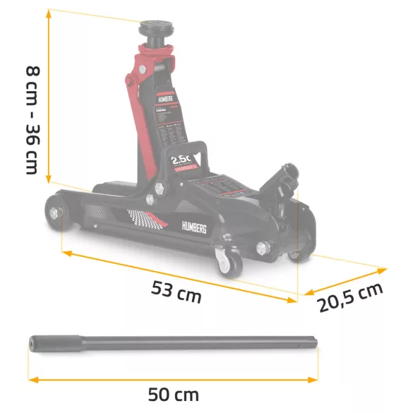 Hidraulikus emelő, Humberg HM-380, fekete/piros, 2500 kg teherbírás, 8–36 cm emelési tartomány, 53 cm hossz, acél–alumínium, biztonsági szelep