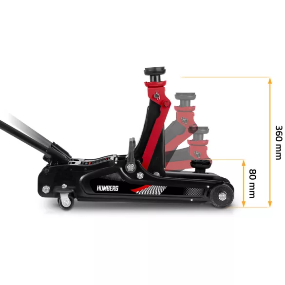 Hidraulikus emelő, Humberg HM-380, fekete/piros, 2500 kg teherbírás, 8–36 cm emelési tartomány, 53 cm hossz, acél–alumínium, biztonsági szelep