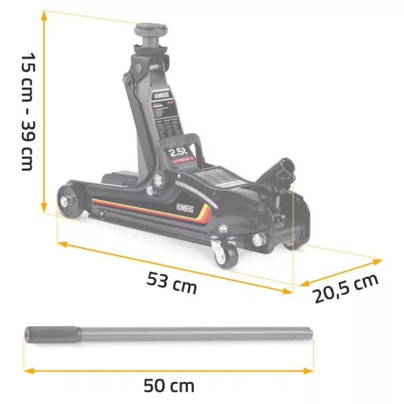 Hidraulikus emelő, Humberg HM-380, fekete, 2500 kg teherbírás, 8–36 cm emelési tartomány, 53 cm hossz, acél–alumínium, biztonsági szelep