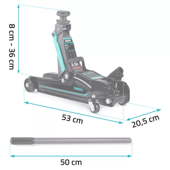 Hidraulikus emelő, Humberg HM-380, fekete/türkiz, 2500 kg teherbírás, 8–36 cm emelési tartomány, 53 cm hossz, acél–alumínium, biztonsági szelep
