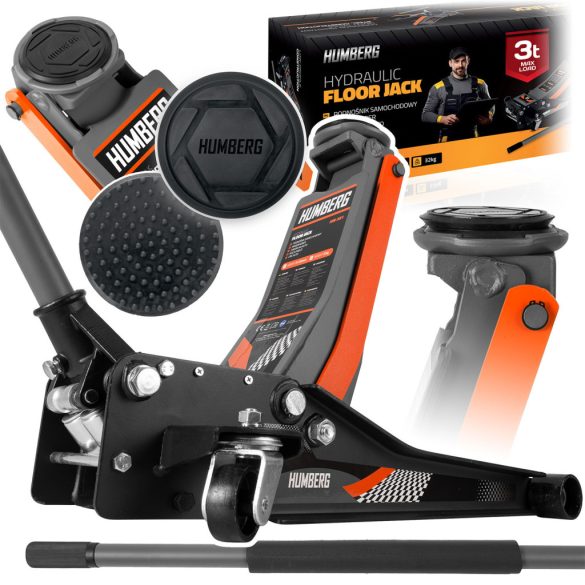 Hidraulikus emelő, Humberg HM-381, fekete/narancssárga, 3000 kg teherbírás, 7,5–50,5 cm emelési tartomány, 68 cm hossz, acél-alumínium, kétdugattyús