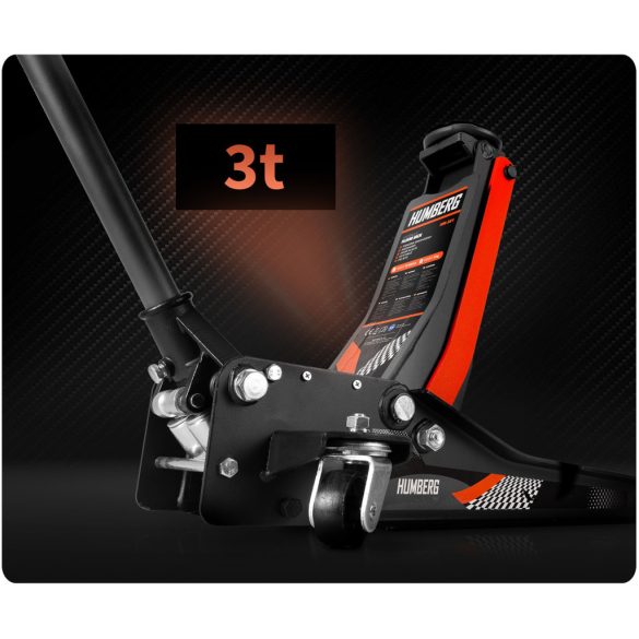 Hidraulikus emelő, Humberg HM-381, fekete/narancssárga, 3000 kg teherbírás, 7,5–50,5 cm emelési tartomány, 68 cm hossz, acél-alumínium, kétdugattyús