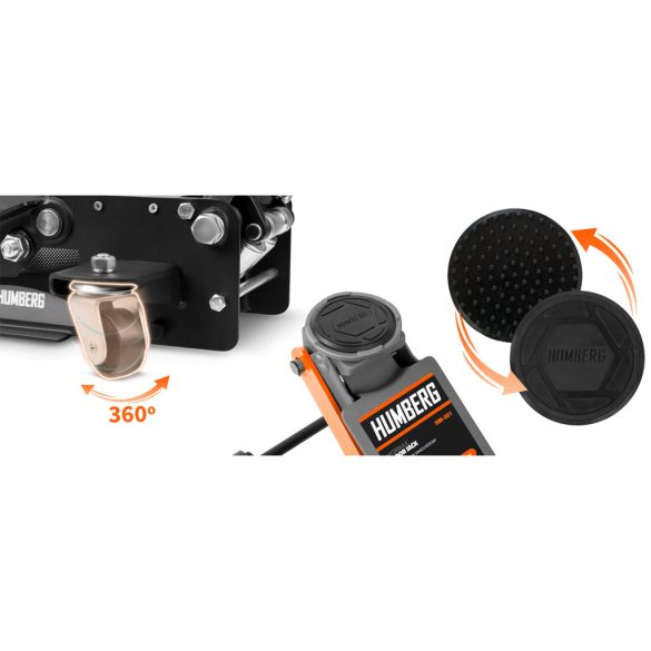 Hidraulikus emelő, Humberg HM-381, fekete/narancssárga, 3000 kg teherbírás, 7,5–50,5 cm emelési tartomány, 68 cm hossz, acél-alumínium, kétdugattyús