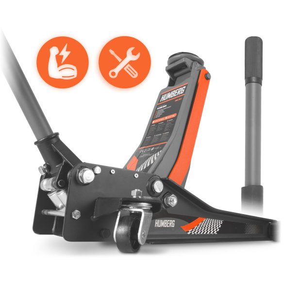 Hidraulikus emelő, Humberg HM-381, fekete/narancssárga, 3000 kg teherbírás, 7,5–50,5 cm emelési tartomány, 68 cm hossz, acél-alumínium, kétdugattyús