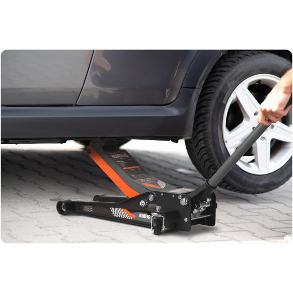 Hidraulikus emelő, Humberg HM-381, fekete/narancssárga, 3000 kg teherbírás, 7,5–50,5 cm emelési tartomány, 68 cm hossz, acél-alumínium, kétdugattyús