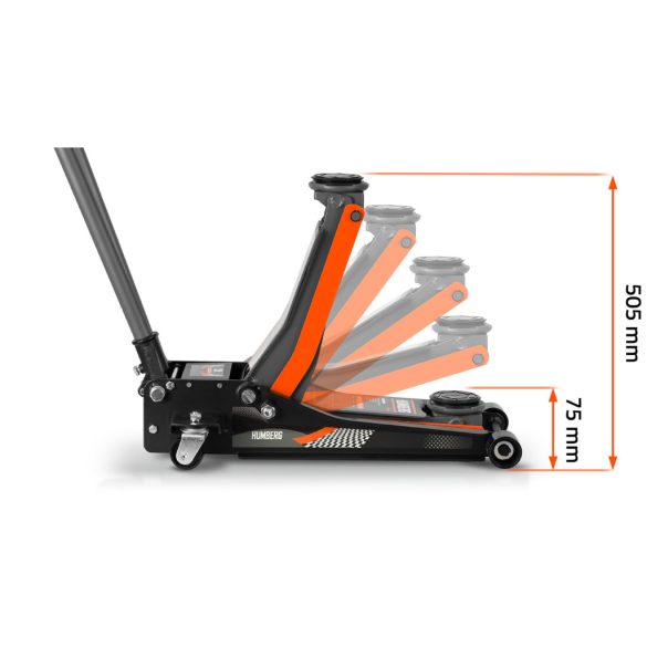 Hidraulikus emelő, Humberg HM-381, fekete/narancssárga, 3000 kg teherbírás, 7,5–50,5 cm emelési tartomány, 68 cm hossz, acél-alumínium, kétdugattyús