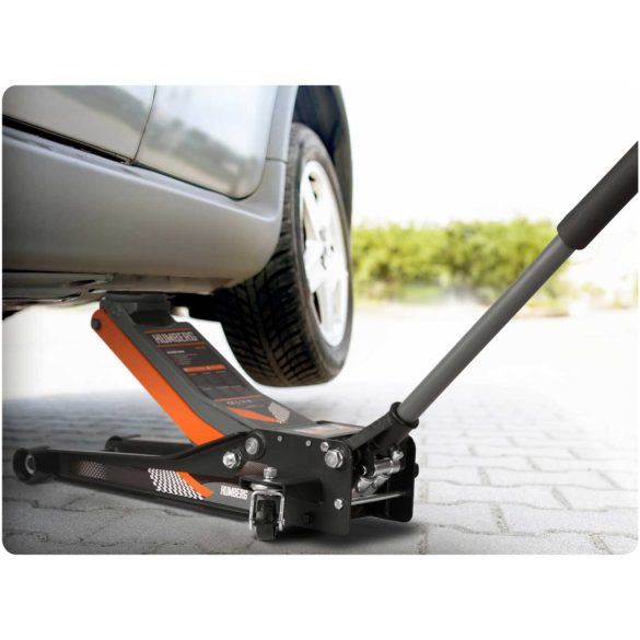 Hidraulikus emelő, Humberg HM-381, fekete/narancssárga, 3000 kg teherbírás, 7,5–50,5 cm emelési tartomány, 68 cm hossz, acél-alumínium, kétdugattyús