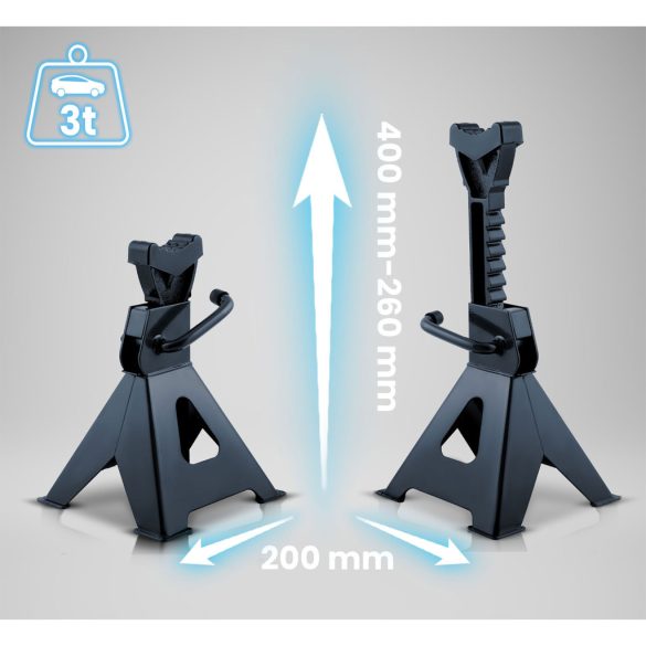 Autóemelő bak, Humberg HM-384, kék, 2 db, 3000 kg teherbírás, 26–40 cm emelési tartomány, 20 cm hossz, acél, racsnis, gumipárnás