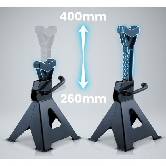 Autóemelő bak, Humberg HM-384, kék, 2 db, 3000 kg teherbírás, 26–40 cm emelési tartomány, 20 cm hossz, acél, racsnis, gumipárnás