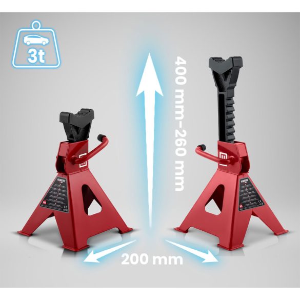 Autóemelő bak, Humberg HM-384, piros, 2 db, 3000 kg teherbírás, 26–40 cm emelési tartomány, 20 cm hossz, acél, racsnis, gumipárnás