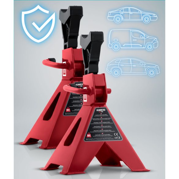 Autóemelő bak, Humberg HM-384, piros, 2 db, 3000 kg teherbírás, 26–40 cm emelési tartomány, 20 cm hossz, acél, racsnis, gumipárnás