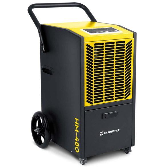 Páramentesítő, Humberg HM-480, fekete/sárga, 50 l/nap, időzítővel, folyamatos vízelvezetés, 52 dB, páratartalom beállítás: 20-90%, 790 W, kerekes