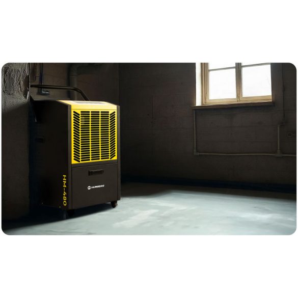 Páramentesítő, Humberg HM-480, fekete/sárga, 50 l/nap, időzítővel, folyamatos vízelvezetés, 52 dB, páratartalom beállítás: 20-90%, 790 W, kerekes