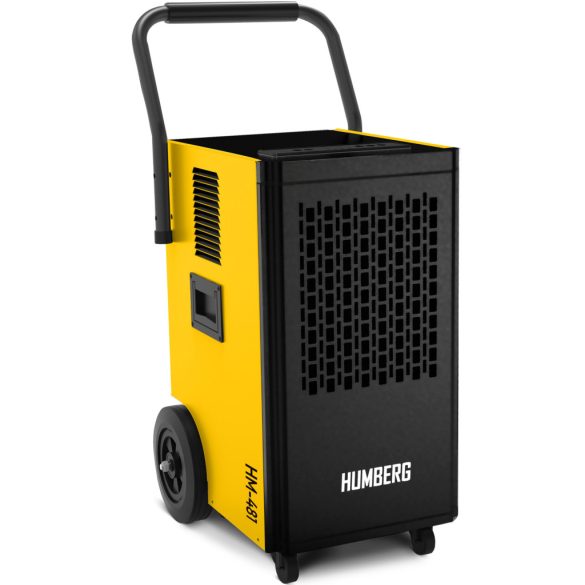 Páramentesítő, Humberg HM-481, fekete/sárga, 50 l/nap, időzítővel, folyamatos vízelvezetés, 52 dB, páratartalom beállítás: 20-90%, 650 W, kerekes