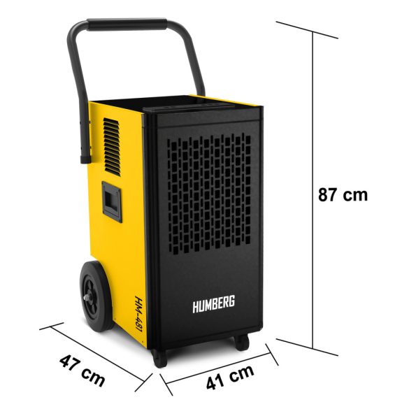 Páramentesítő, Humberg HM-481, fekete/sárga, 50 l/nap, időzítővel, folyamatos vízelvezetés, 52 dB, páratartalom beállítás: 20-90%, 650 W, kerekes