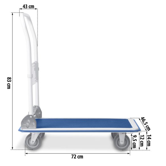 Kézikocsi, Humberg HM-505, kék/fehér, 72 x 83 x 43 cm, acél váz, csúszásgátló PVC platform, lehajtható fogantyú, teherbírás: 150 kg