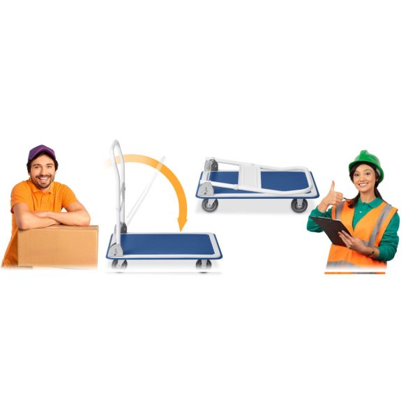 Kézikocsi, Humberg HM-505, kék/fehér, 72 x 83 x 43 cm, acél váz, csúszásgátló PVC platform, lehajtható fogantyú, teherbírás: 150 kg