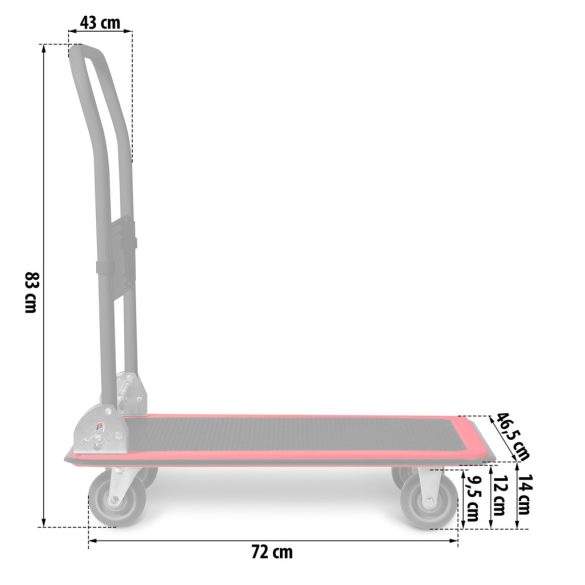 Kézikocsi, Humberg HM-505, fekete/piros, 72 x 83 x 43 cm, acél váz, csúszásgátló PVC platform, lehajtható fogantyú, teherbírás: 150 kg