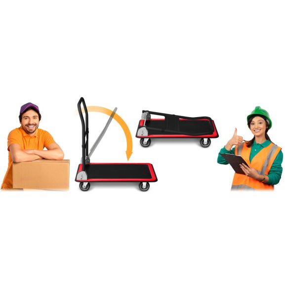 Kézikocsi, Humberg HM-505, fekete/piros, 72 x 83 x 43 cm, acél váz, csúszásgátló PVC platform, lehajtható fogantyú, teherbírás: 150 kg