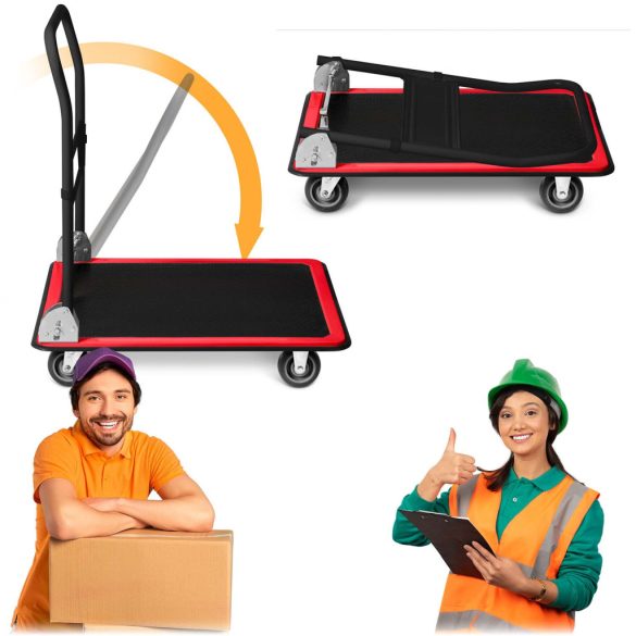 Kézikocsi, Humberg HM-506, fekete/piros, 90 x 87 x 60 cm, acél váz, csúszásgátló PVC platform, lehajtható fogantyú, teherbírás: 300 kg