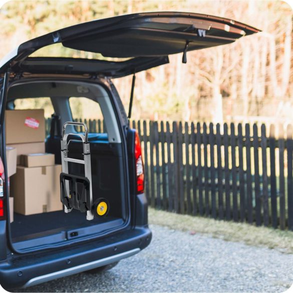 Molnárkocsi, Humberg HM-508, ezüst, acél váz, 90 kg teherbírás, összehajtható, állítható magasság (70–108 cm), tömör kerekek