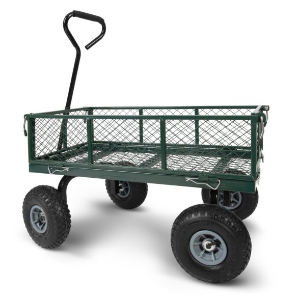 Négykerekű kocsi, Humberg HM-509, zöld, 100 l, 500 kg teherbírás, acél váz, levehető acél keret, kormányozható tengely, felfújható kerekek