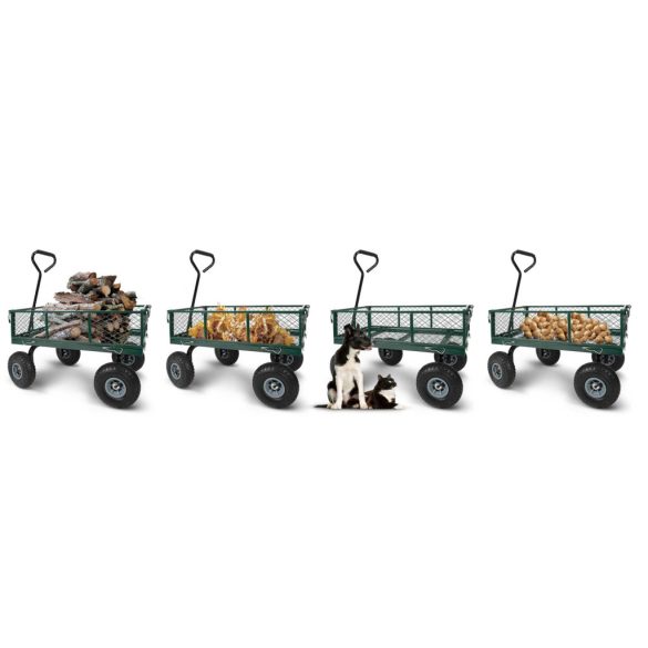 Négykerekű kocsi, Humberg HM-509, zöld, 100 l, 500 kg teherbírás, acél váz, levehető acél keret, kormányozható tengely, felfújható kerekek