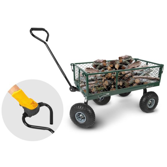 Négykerekű kocsi, Humberg HM-509, zöld, 100 l, 500 kg teherbírás, acél váz, levehető acél keret, kormányozható tengely, felfújható kerekek