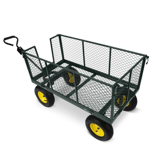 Négykerekű kocsi, Humberg HM-510, zöld, 280 l, 500 kg teherbírás, acél váz, levehető acél keret, belső szövetkosár, kormányozható tengely, felfújható kerekek