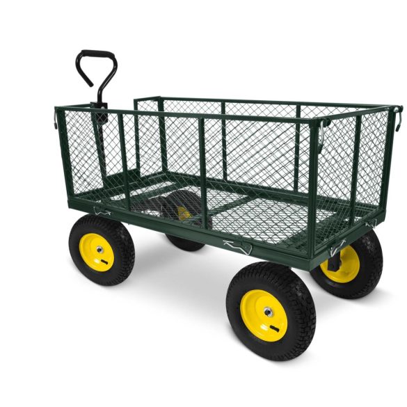 Négykerekű kocsi, Humberg HM-510, zöld, 280 l, 500 kg teherbírás, acél váz, levehető acél keret, belső szövetkosár, kormányozható tengely, felfújható kerekek