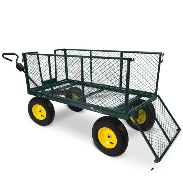 Négykerekű kocsi, Humberg HM-510, zöld, 280 l, 500 kg teherbírás, acél váz, levehető acél keret, belső szövetkosár, kormányozható tengely, felfújható kerekek