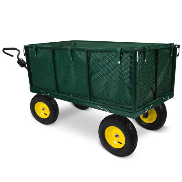 Négykerekű kocsi, Humberg HM-510, zöld, 280 l, 500 kg teherbírás, acél váz, levehető acél keret, belső szövetkosár, kormányozható tengely, felfújható kerekek