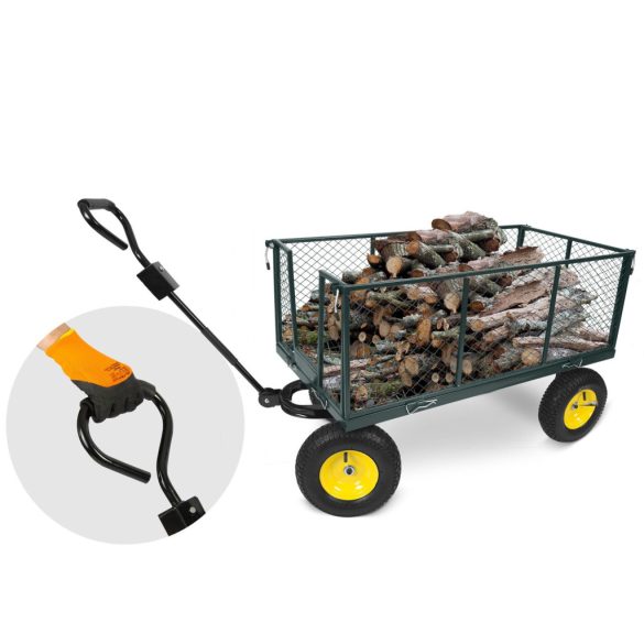 Négykerekű kocsi, Humberg HM-510, zöld, 280 l, 500 kg teherbírás, acél váz, levehető acél keret, belső szövetkosár, kormányozható tengely, felfújható kerekek