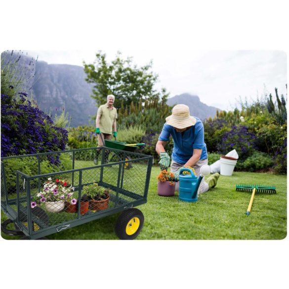 Négykerekű kocsi, Humberg HM-510, zöld, 280 l, 500 kg teherbírás, acél váz, levehető acél keret, belső szövetkosár, kormányozható tengely, felfújható kerekek