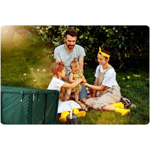 Négykerekű kocsi, Humberg HM-510, zöld, 280 l, 500 kg teherbírás, acél váz, levehető acél keret, belső szövetkosár, kormányozható tengely, felfújható kerekek