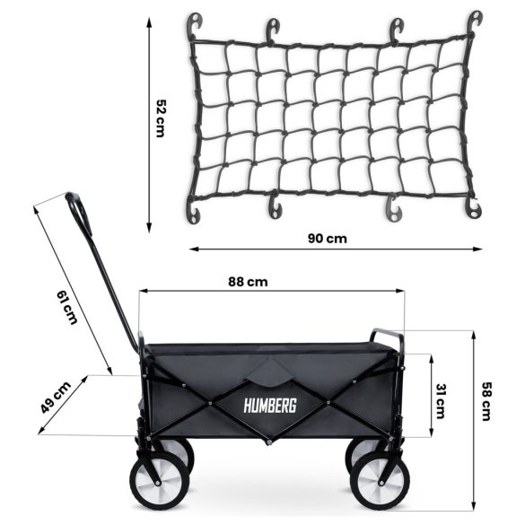 Strandkocsi, Humberg, HM-511, 80 l, fekete, 90 kg teherbírás, összecsukható, porszórt acél váz, kormányozható tengely, biztonsági hálóval