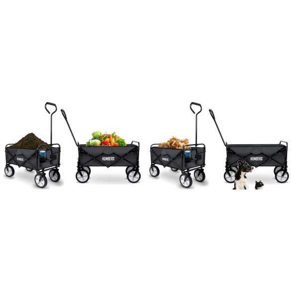 Strandkocsi, Humberg, HM-511, 80 l, fekete, 90 kg teherbírás, összecsukható, porszórt acél váz, kormányozható tengely, biztonsági hálóval