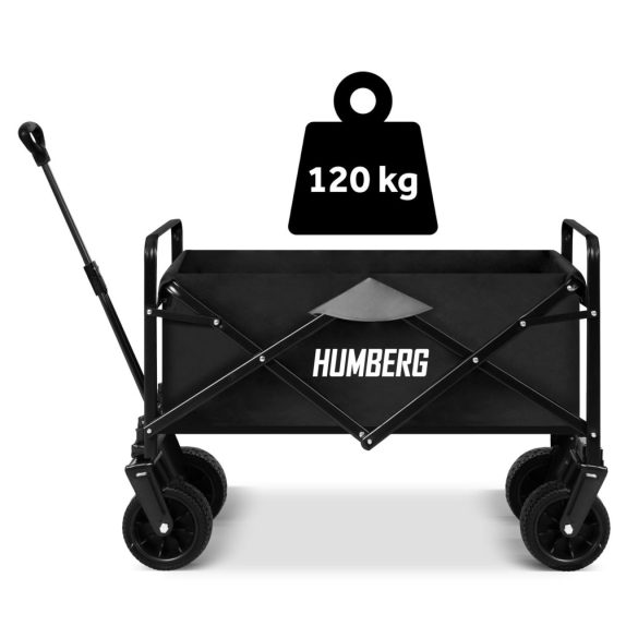 Strandkocsi, Humberg, HM-512, 100 l, fekete, összecsukható, 120 kg teherbírás, acél váz, PVC szövet, 360°-ban forgó kerekek, teleszkópos húzókar