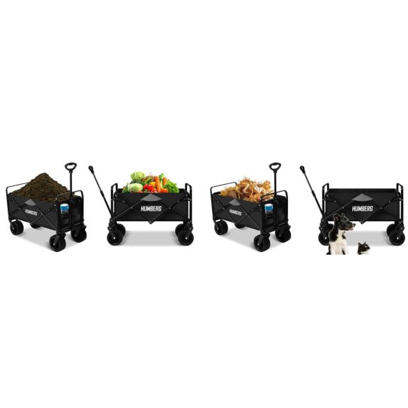 Strandkocsi, Humberg, HM-512, 100 l, fekete, összecsukható, 120 kg teherbírás, acél váz, PVC szövet, 360°-ban forgó kerekek, teleszkópos húzókar