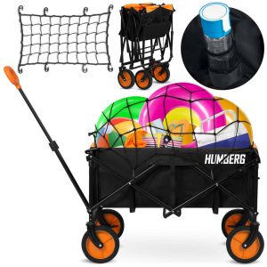 Strandkocsi, Humberg, HM-513, 100 l, fekete, 90 kg teherbírás, összecsukható, porszórt acél váz, forgó első kerekek, biztonsági hálóval