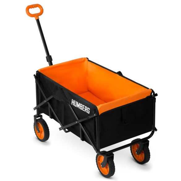 Strandkocsi, Humberg, HM-513, 100 l, fekete, 90 kg teherbírás, összecsukható, porszórt acél váz, forgó első kerekek, biztonsági hálóval