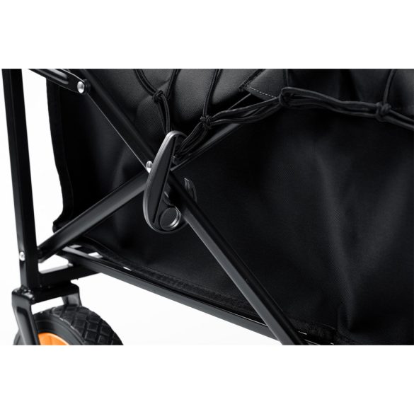 Strandkocsi, Humberg, HM-513, 100 l, fekete, 90 kg teherbírás, összecsukható, porszórt acél váz, forgó első kerekek, biztonsági hálóval